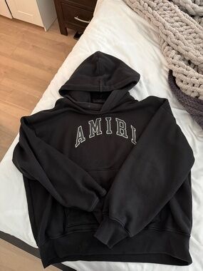 AMIRI Black Crewneck Hoodie with White Arched Logo